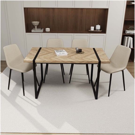 59 Inch Dining Table Set for 4, Industrial Chic Suede Chairs and Metal Leg Table, Beige Brown Kitchen Furniture Set
