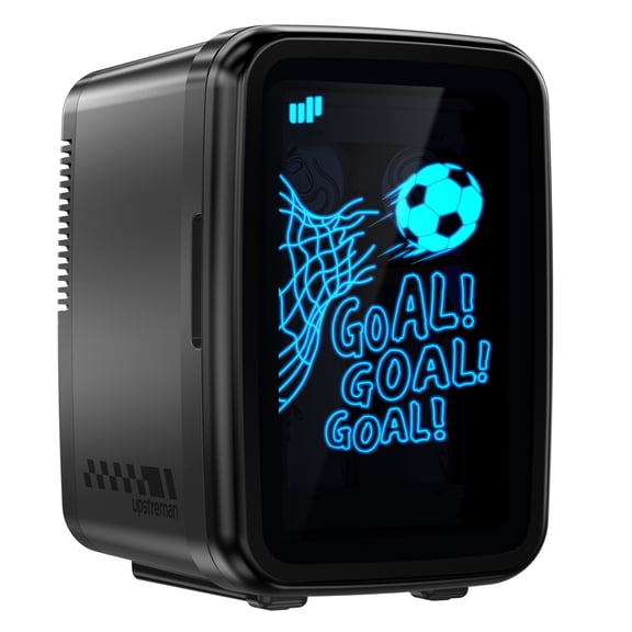 Upstreman Portable Mini Fridge with 7-Color LED, 4L/6 Cans Personal Refrigerator Light up Beverage Refrigerator, Football Print Portable Cooler & Warmer 110V AC/ 12V DC Small Skincare Fridge