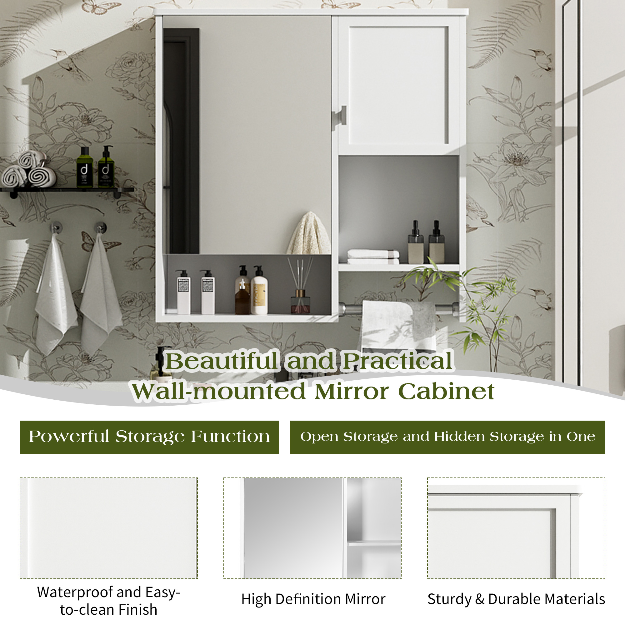 Euroco Wall-Mounted Bathroom Mirror Cabinet, Adjustable Shelf, Waterproof MDF, Space-Saving Medicine Cabinet with Storage for Bathroom, Bedroom or Over Toilet, 27"x23.6"