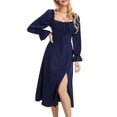 thumbnail image 2 of Women Spring Autumn Midi Dress Solid Color Long Sleeve Square Neck Ruched Tie Up Dress, 2 of 10