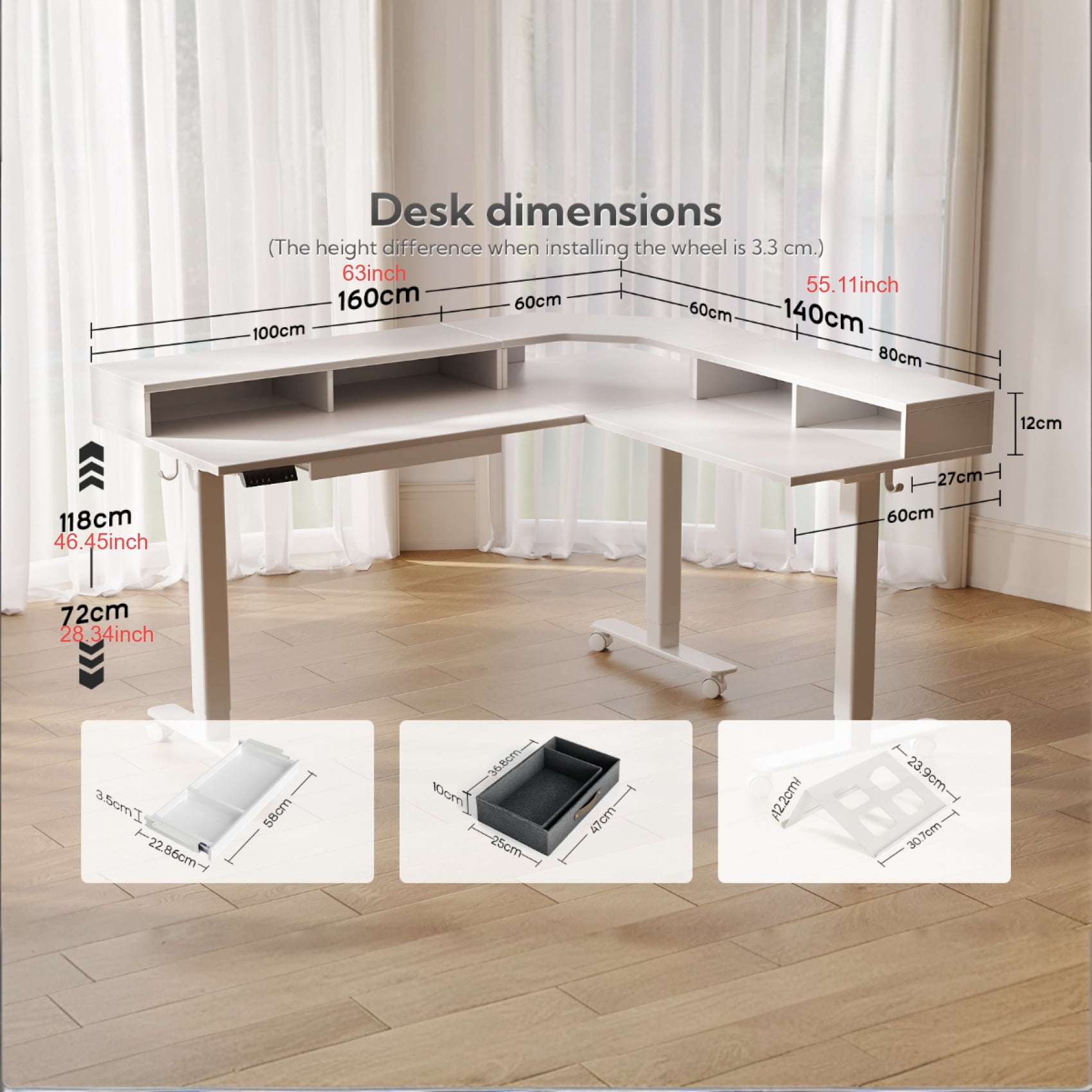 INNOVAR Dual Motor 63" L Shaped Standing Desk with 4 Drawers, Electric Height Adjustable Sit to Stand Coner Desk W/Monitor Stand & Splice Board, Stand up Computer Desk for Home Office,White Top