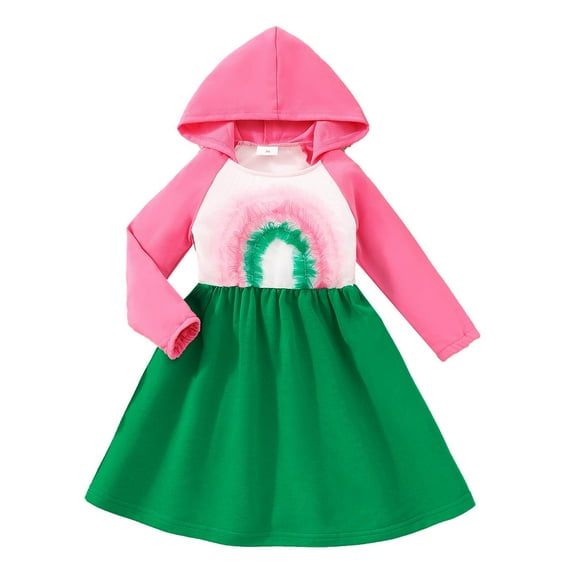 Zwiiyzr Toddler Baby Kids Girls Dress Winter Multicolour Mesh Patchwork Long Sleeved Hooded Dress For 3-7 Years Old Hot Pink