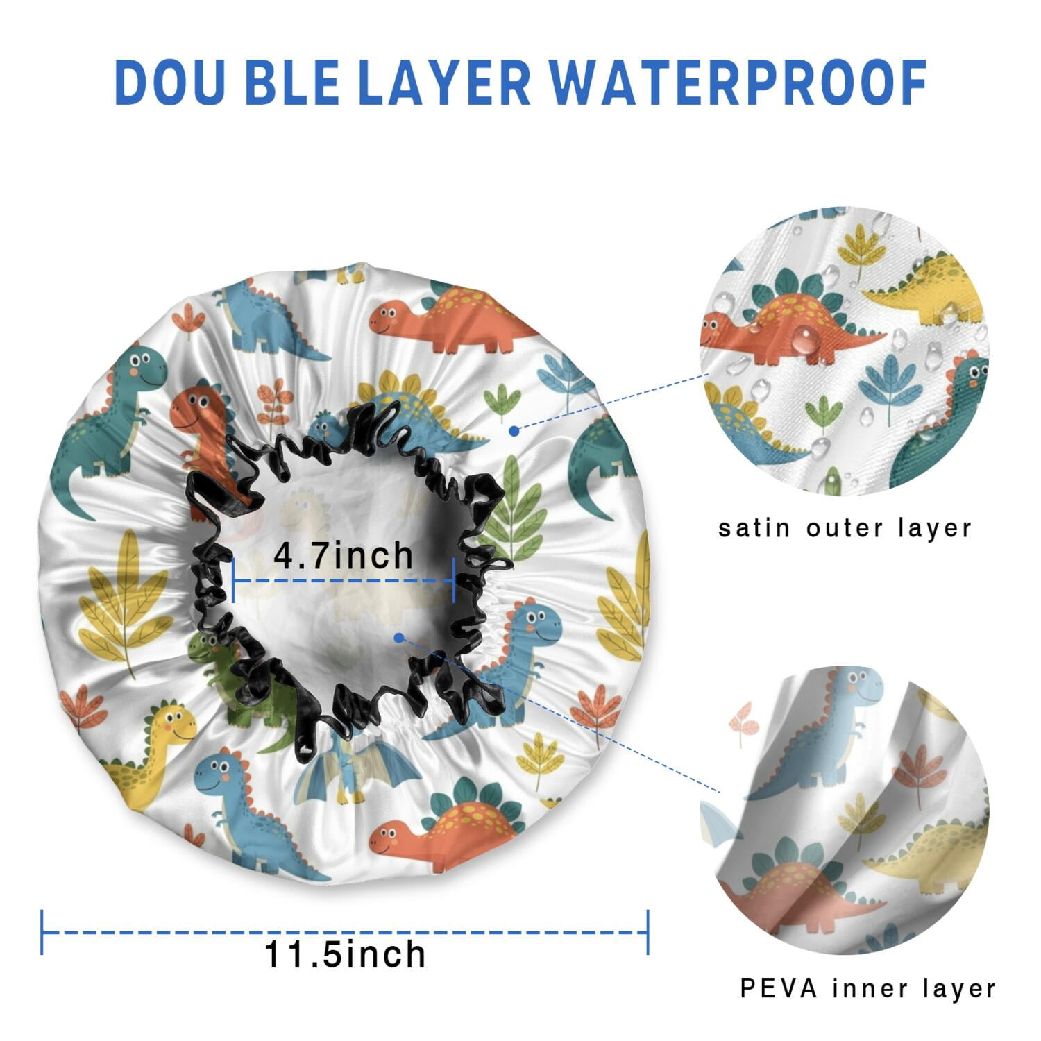 Shower Caps,Colorful Dinosaur and Leaf Pattern Waterproof Shower Cap for Women 4 Pieces,Double Reusable Hair Cover for Shower PEVA Elastic Stretch Hem
