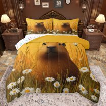 jejeloiu Wild Capybara Full Size Comforter Sets,Rustic Daisy Flower Bedding Comforter Set,Country Floral Bedding Sets For Teens,Breathable Home Decor Reversible,3 Pieces