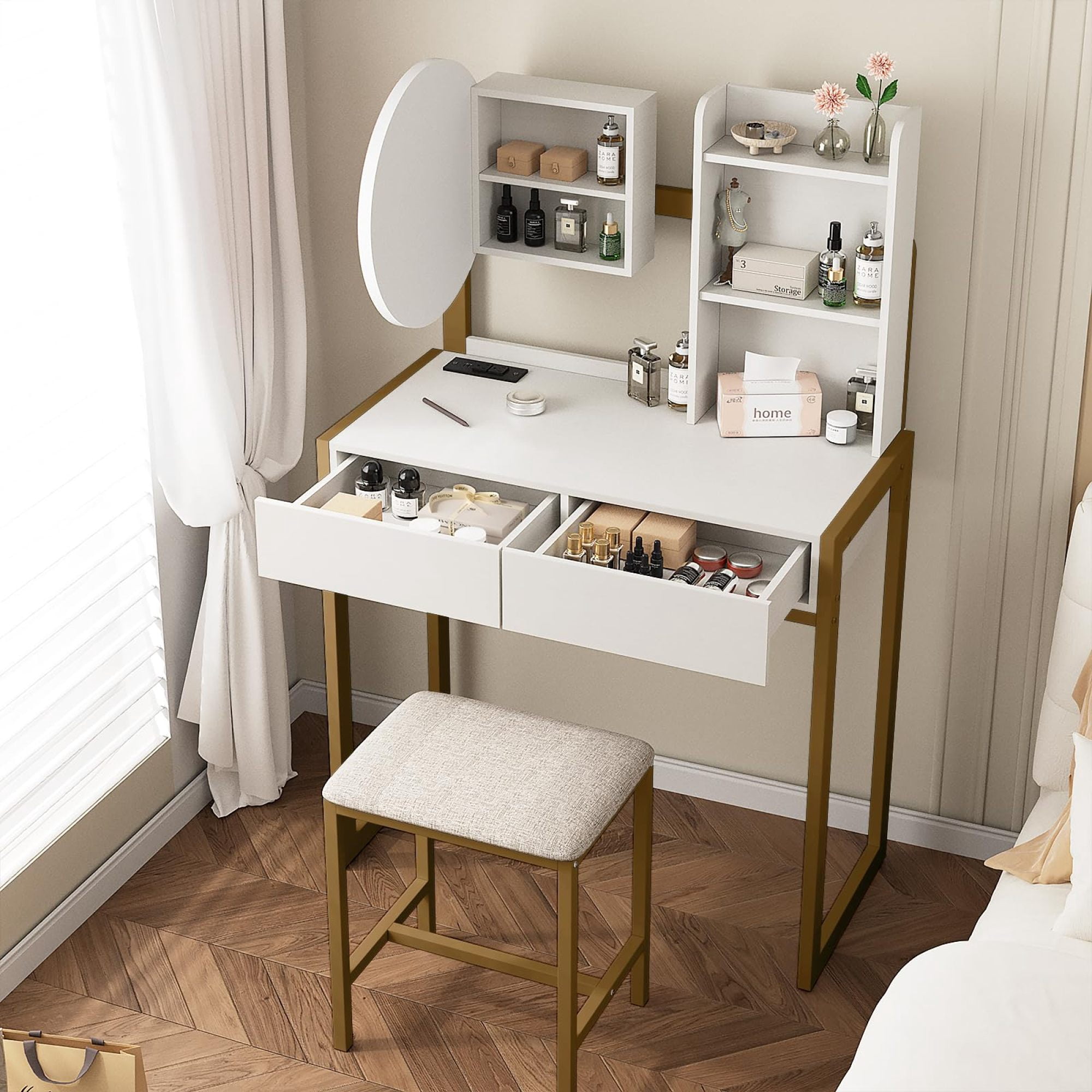 Leumius Small Vanity Desk with Mirror and Lights, Makeup Vanity Table with LED Mirror, 3 Lighting Modes, Power Outlet, Drawer, Open Shelves and Cushioned Stool for Bedroom (White and Gold)