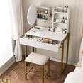 thumbnail image 6 of Leumius Small Vanity Desk with Mirror and Lights, Makeup Vanity Table with LED Mirror, 3 Lighting Modes, Power Outlet, Drawer, Open Shelves and Cushioned Stool for Bedroom (White and Gold), 6 of 7