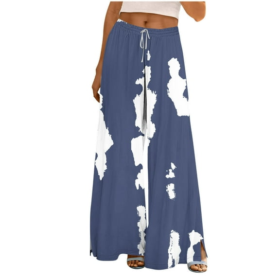 Womens Wide Leg Palazzo Lounge Pants with Pockets Fashion Printed Drawstring Elastic Waist Split Loose Sweatpants (XL, Navy)