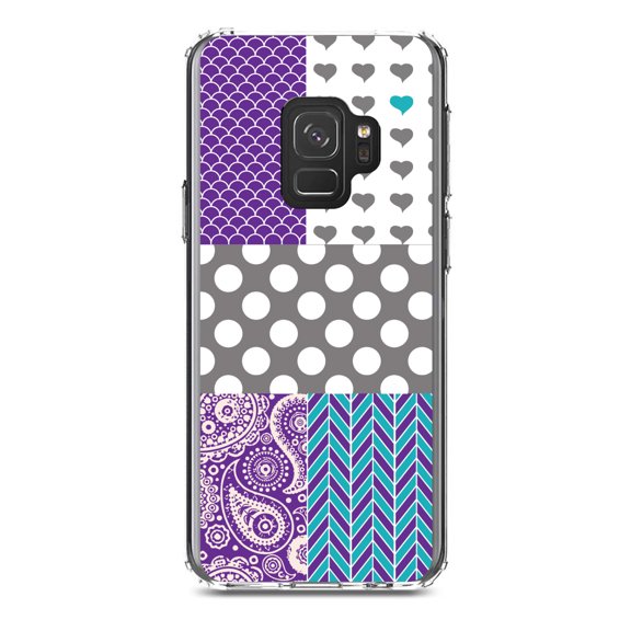 DistinctInk Clear Shockproof Hybrid Case for Samsung Galaxy S9 (5.8" Screen) - TPU Bumper, Acrylic Back, Tempered Glass Screen Protector - Purple Teal Grey Patterns