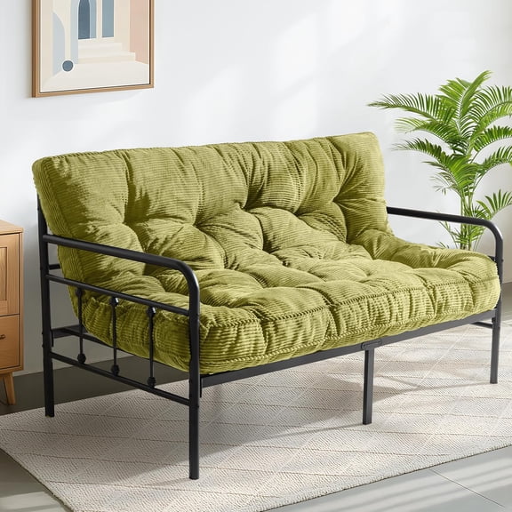 XH 6" Futon Mattress Full Size, Tufted Futons Sofa Couch Bed with Twisted Rope Design Edging, Thick Corded Fabric Floor Mattress for Adults, Shredded Foam Filling (Frame Not Included),Green