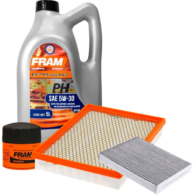 kit de aceite mineral 5w30 compatible con kit de afinación sin bujías lincoln corsair l4 2.3l del 2020 al 2022 Kit FRAM con garrafa de aceite mineral SAE 5W-30 de 5 L, filtro de aceite cilíndrico naranja, filtro de aire rectangular con marco naranja y filtro de cabina plisado gris; vista frontal sobre fondo blanco. Apto para mantenimiento rutinario y cambios de aceite.