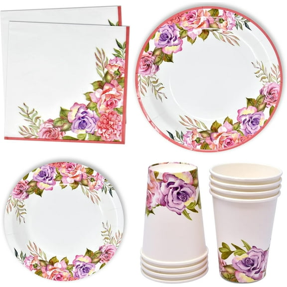 Gift Boutique 96 Pcs Floral Pink & Purple Flower Party Supplies Set Paper Plate Cup Napkin for Girl Baby Shower Tea Birthday Flowers Disposable Tableware Serves 24