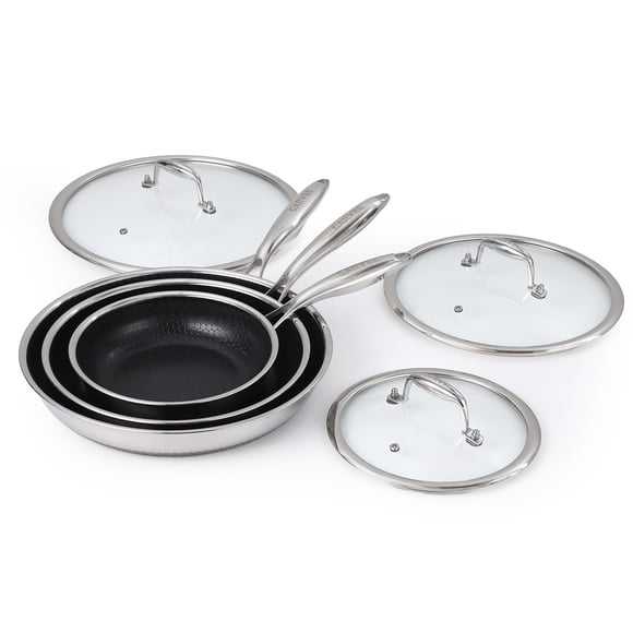 Deluxe Tri-Ply Stainless Steel Nonstick Fry Pan Set – 6-Piece Cookware with Tempered Glass Lids – Stay-Cool Handles – Induction, Oven & Dishwasher Safe Size: 8in+10in+12in with Lids