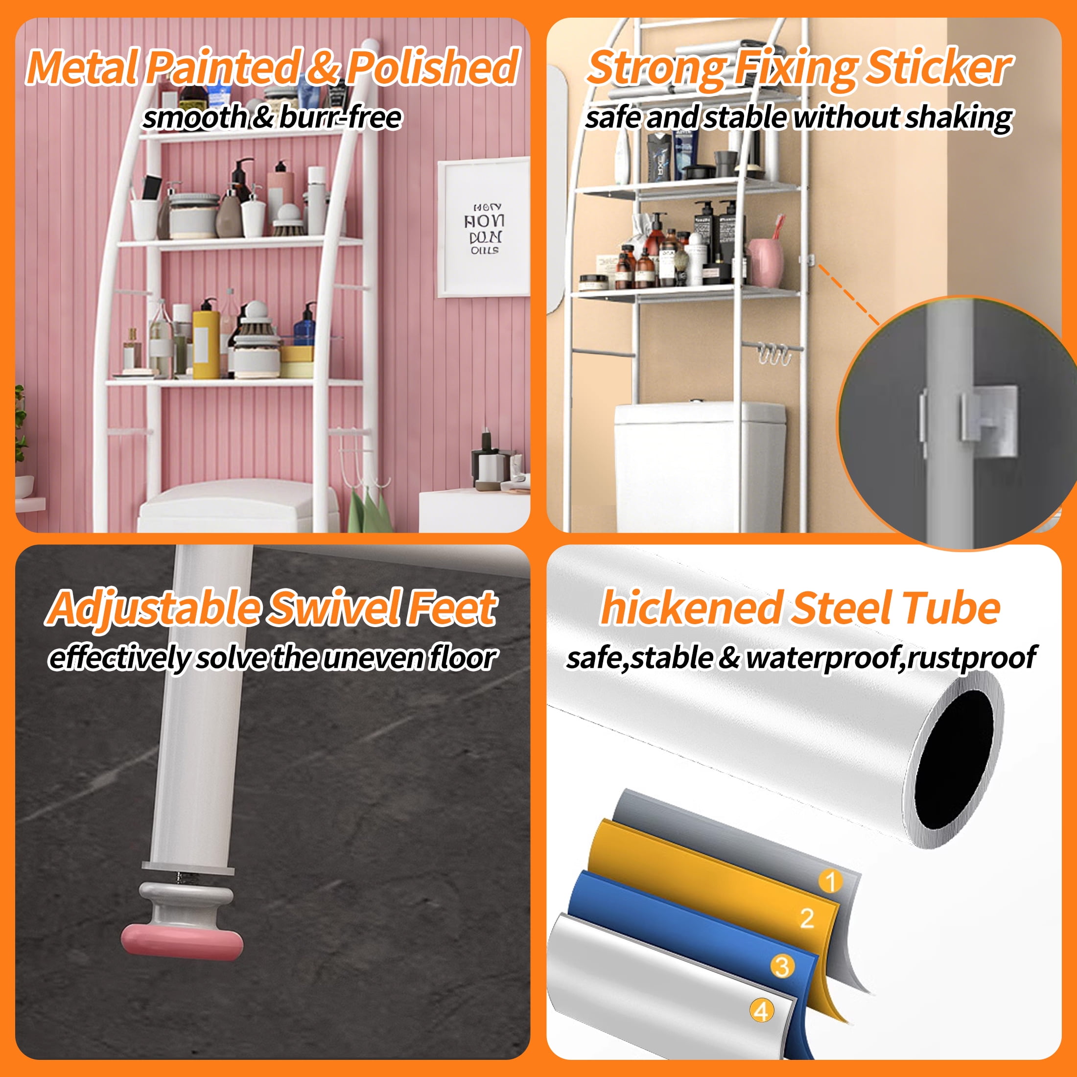 HIOHA 3-Tier Over Toilet Storage Rack with Toilet Paper Roll Holder & 4 Hooks, Steel Bathroom Space Saver Organizer, White