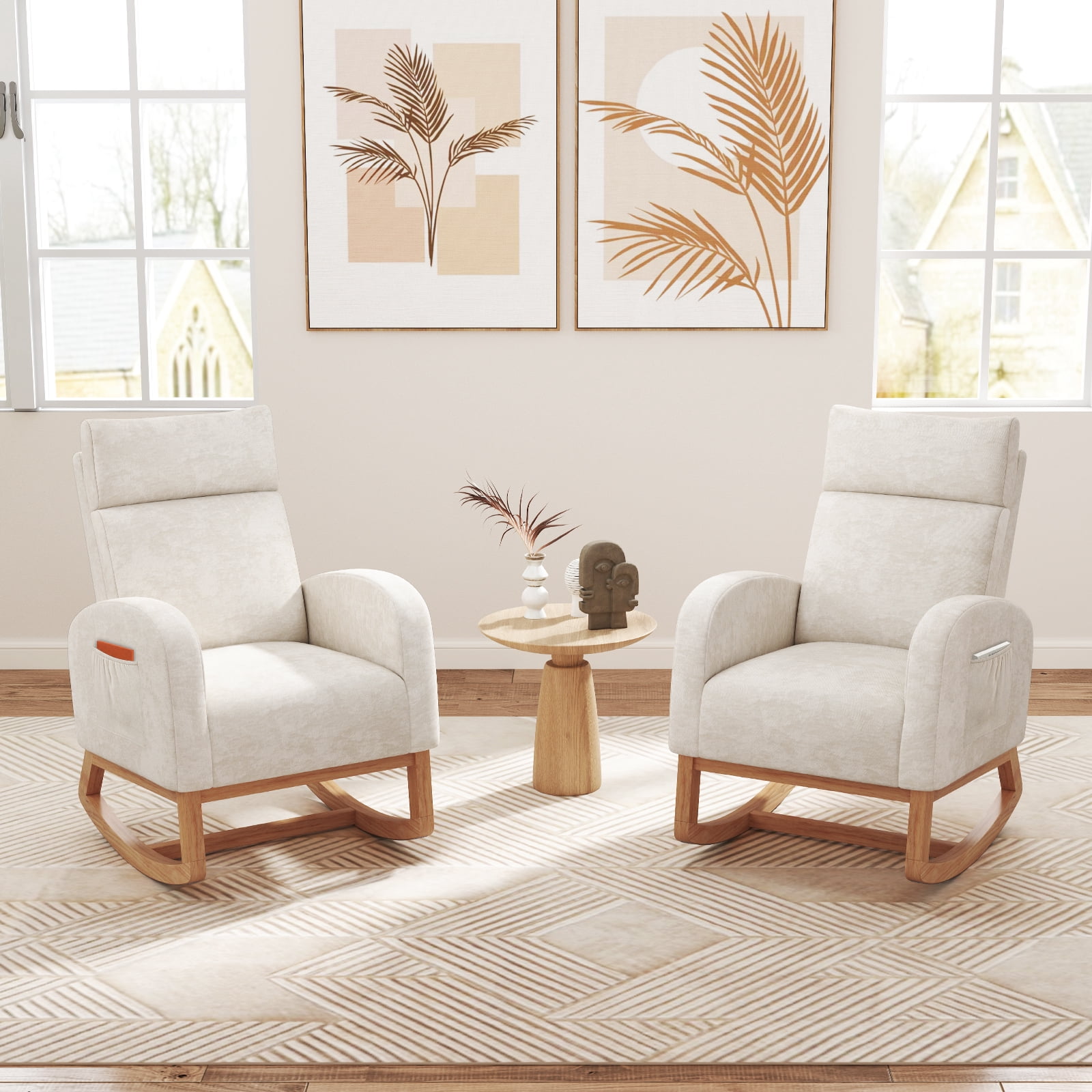 Gymax 2PCS Nursery Rocking Chair Upholstered Chenille Rocker Armchair w/ Side Pocket