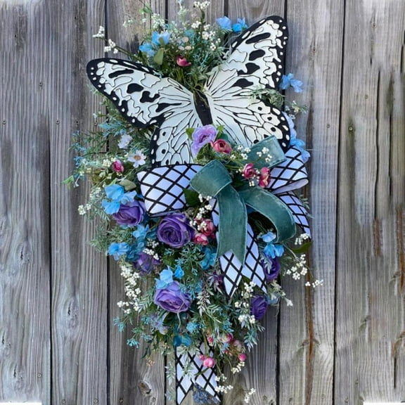 Prettyui 19.6*9.8inch Artificial Spring Wreath Decorative Floral with Fake Butterflies