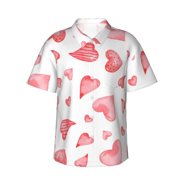 Fotbe Pink Hearts Camisa Hawaiana para Hombre Unisex – Camisa Casual de Verano con Botones de Manga Corta de Algodón y Lino,X-Large