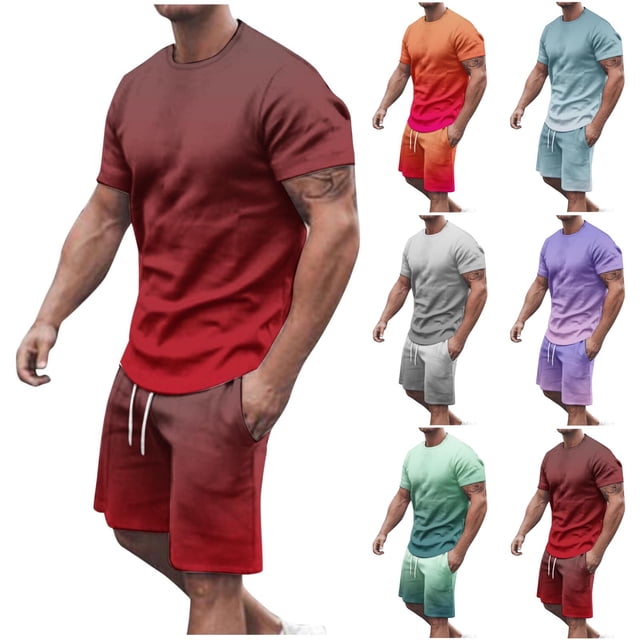 UVEASISHA Mens Sweat Suit 2 Piece Shorts,Two Piece Tracksuit for Men Fashion Gradient Print Outfits Summer Short Sleeve Muscle Workout Short Sets wiith Pockets and Drawstring Sales Today