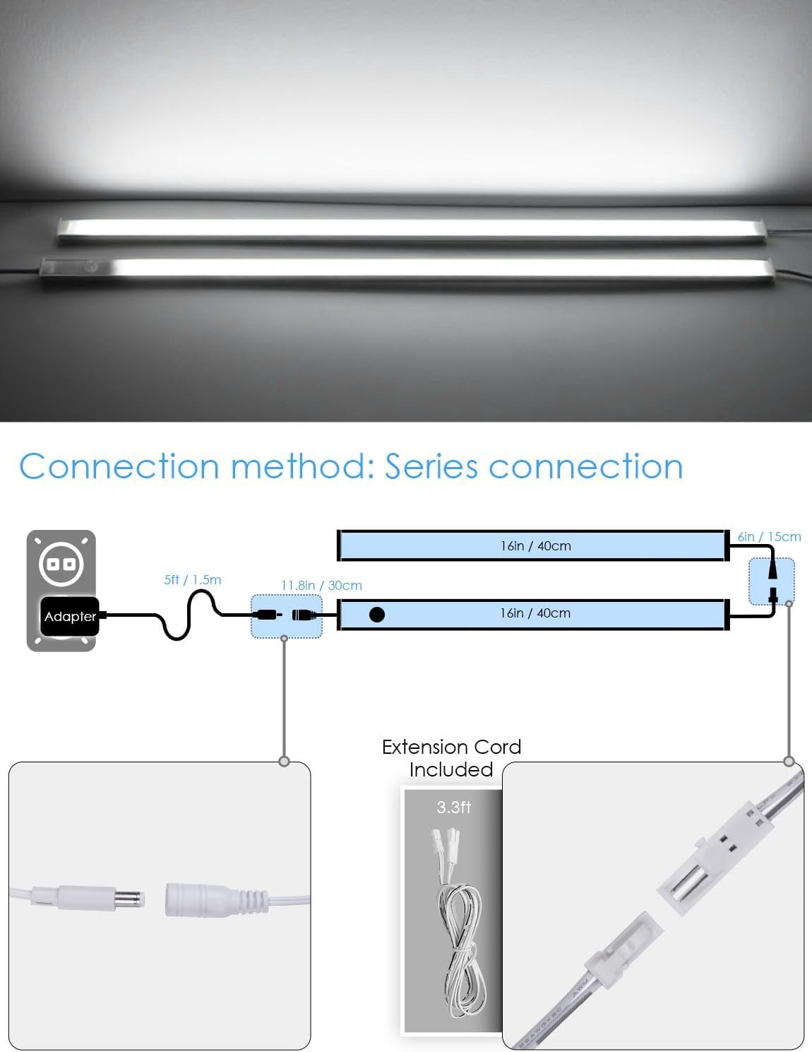 Motion Sensor Under Cabinet Lighting Indoor Plug in, 16" 12V LED Under Counter Lights Super Bright  for Kitchen/Hallway/Toilet/Garage/Closet(Cold White/6000K, 3 Pack)