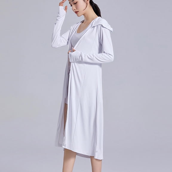 Womens Coverups Long Women's Sun-Proof Cover Up Hooded Full Zip Long Dress Knee Length Beach Coverups Cardigan Jackets White M