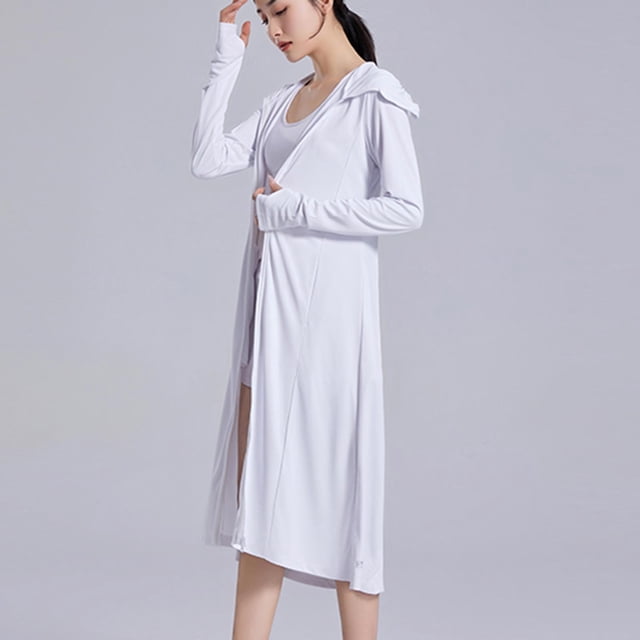 Cache-maillots pour Femmes, Long Cache-Maillot anti-UV pour Femmes, à Capuche, Fermeture Éclair Intégrale, Longue Robe, Longueur Genou, Cache-Maillots de Plage, Cardigans, Vestes, Blanc, M