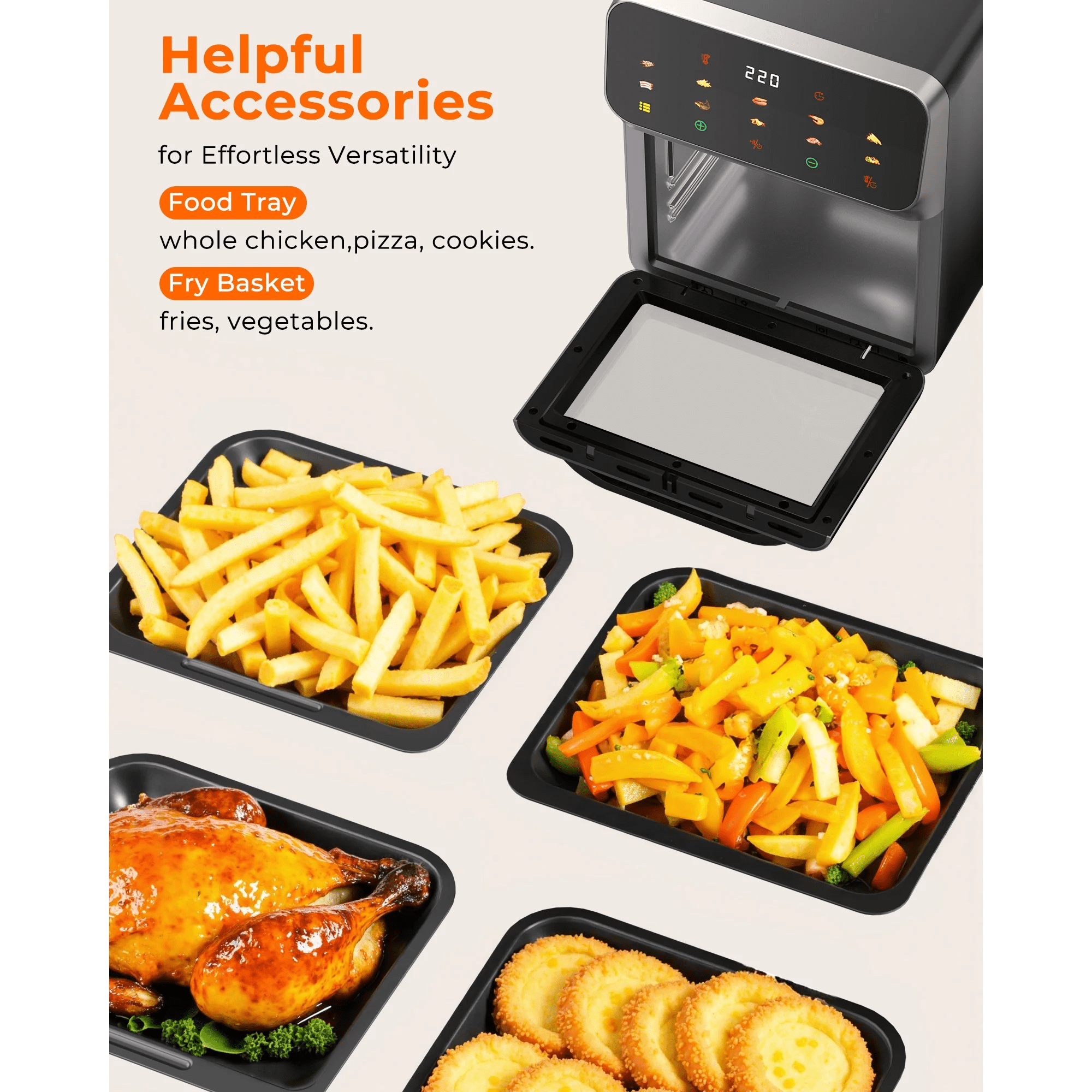 Air fryer desktop convection oven, transparent door and glass window; Timer function, controlled by digital LED touch screen with automatic shutdown function, air fryer with 10 liter capacity for oil