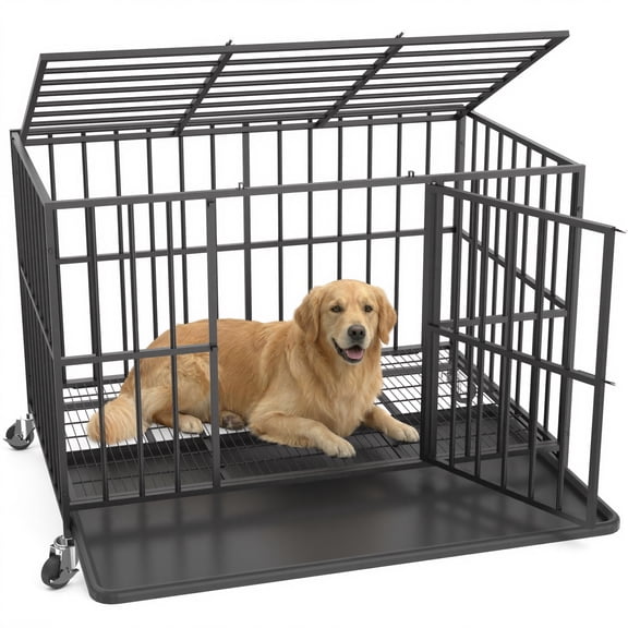 YOKWOK 48 Inch Heavy Duty Steel Dog Crate for Large Dogs, Chew Proof & Escape Proof for High Anxiety Dogs, Indoor Double Doors and Lockable Wheels, Removable Tray, Black