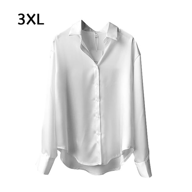 Blusa de mujer Camisa holgada de manga larga de satén Retro Girl Casual Top, Blanco, 3L Inevent AP001166-12B