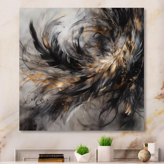 Designart "Expressions of Freedom Gold And Black I" Boho Feather Metal Wall Art