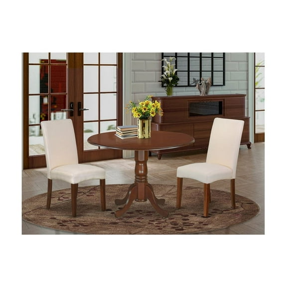 Round Dining Table Set - 42" Table w/ Drop Leaves & 2 Cream Parson Chairs - Mahogany Legs