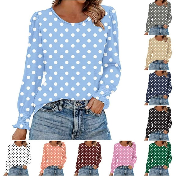 Miluxas Womens Casual Long Sleeve T-Shirts Round Neck Polka Dot Print Tops Trendy Loose Fit Blouses White XL(XL)