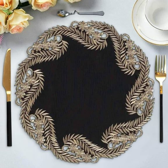 Gold Lace Black Doilies Set of 4 - Round Placemats European Embroidery for Fall Autumn Thanksgiving Season Dining Table Home Decor Wedding - 15 inches - The Anyce Collection