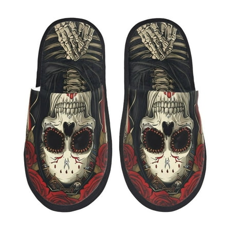 Balery Gothic Skull With Roses Slient Indoor Furry Fleece Comfort House Shoes Soft Non-Slip Home Shoes Cotton slippers House Slippers-- Medium