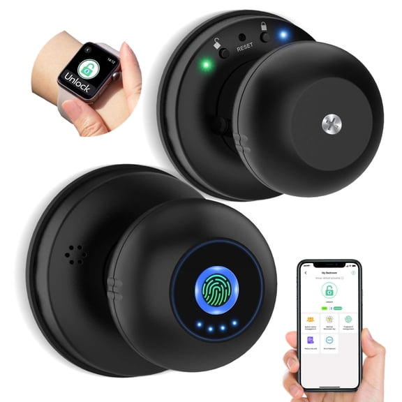 Anweller Smart Door Knob with Lock, Fingerprint Biometric Keyless Entry Electronic Digital Bluetooth App Control Door Lock for Bedroom Interior Apartment Garage Front Door - Black