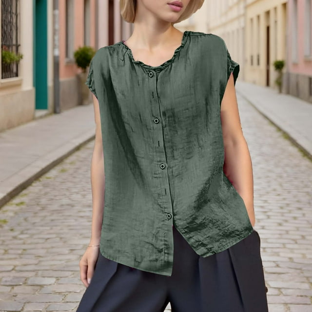 Xuyuer Women's Solid Color Sleeveless Blouse, Lace Collar Cardigan Top Loose Fit Casual Fashion Shirt