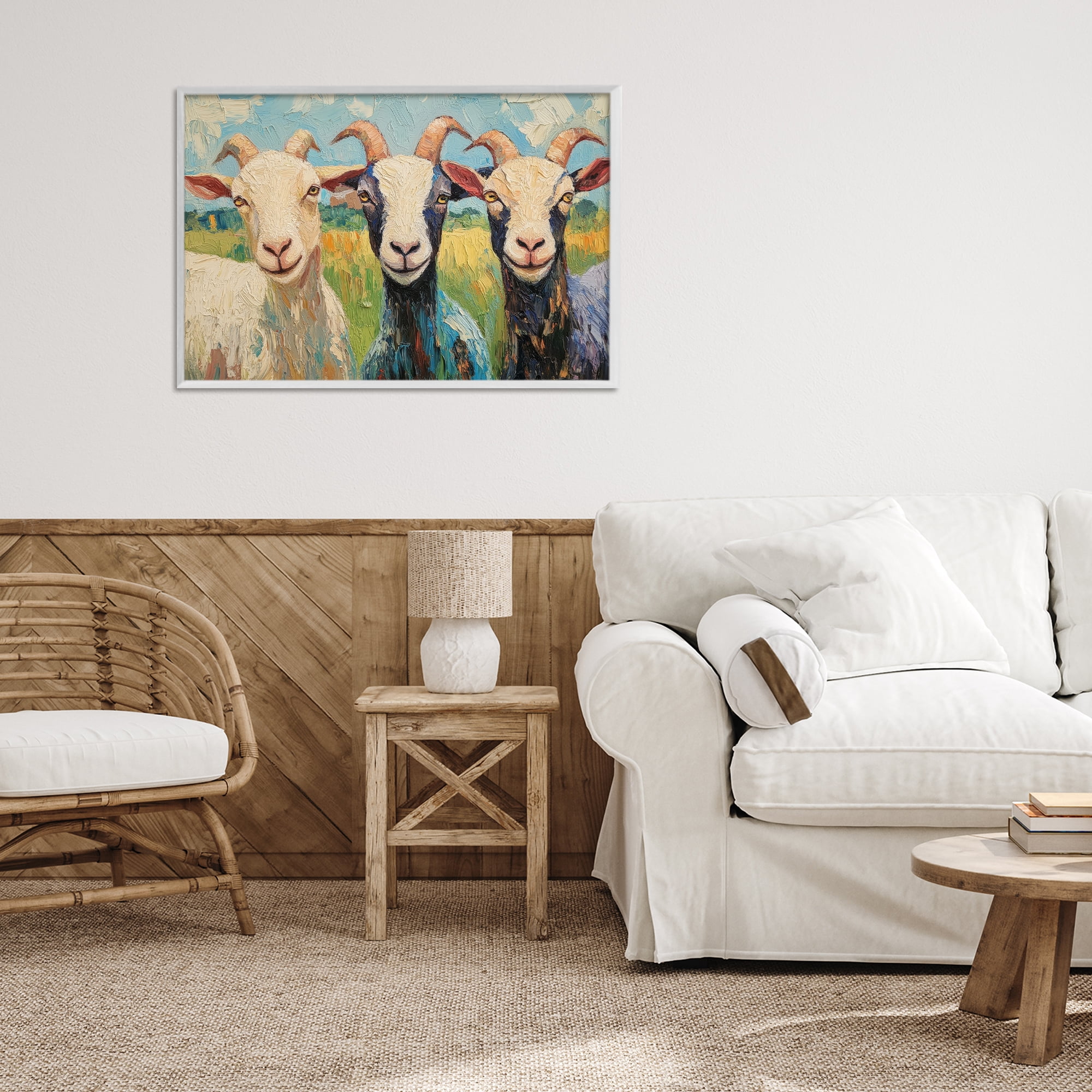 Stupell Industries Billy Goats in Bright Pasture White Framed Giclee Art, design by Petal Prints Design