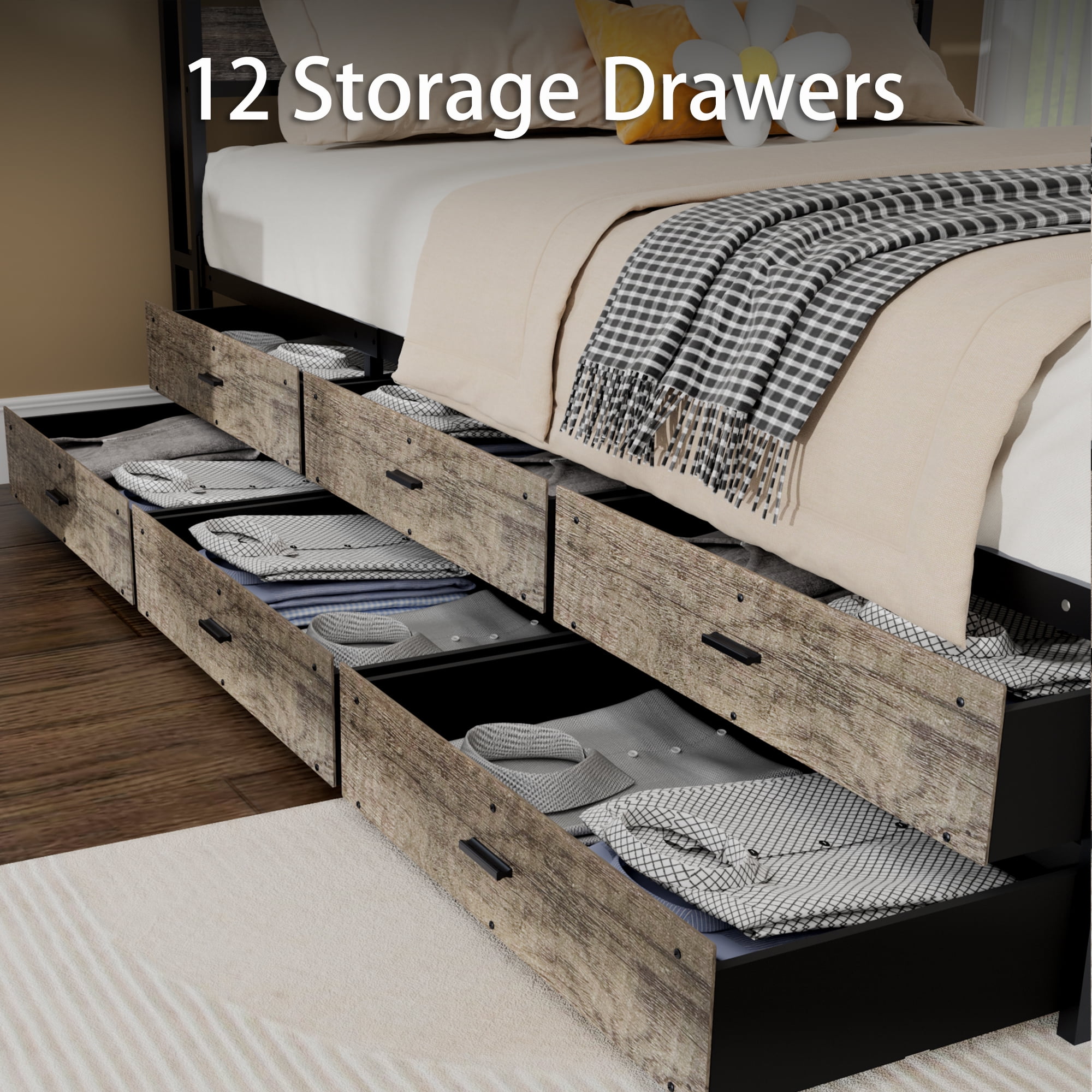 Yoneston Queen Bed Frame with Charging Storage Headboard and 12 Drawers, Farmhouse Metal Platform Bed No Box Spring Required, Brown