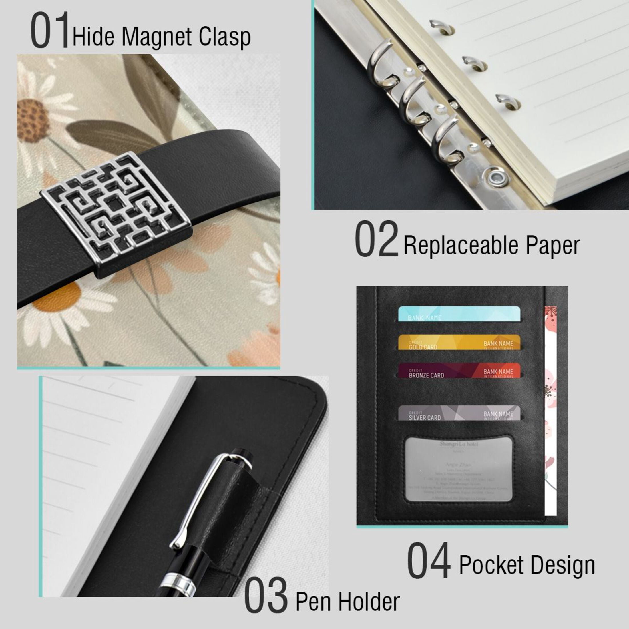 9.2x6.7 inch Leather Notebook 100 Sheets, Multi-Pocket Design & Pen Loop Vintage Flowers Refillable Journal Organizer