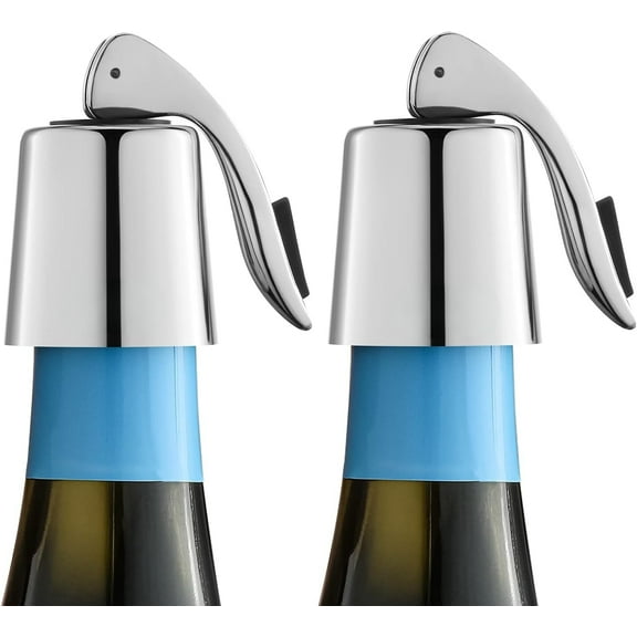 Stainless Steel Wine Bottle Stoppers with Silicone - Reusable Wine Saver and Decorative Bottle Sealer, Leakproof, Keep Fresh, Silver, 2 Pack