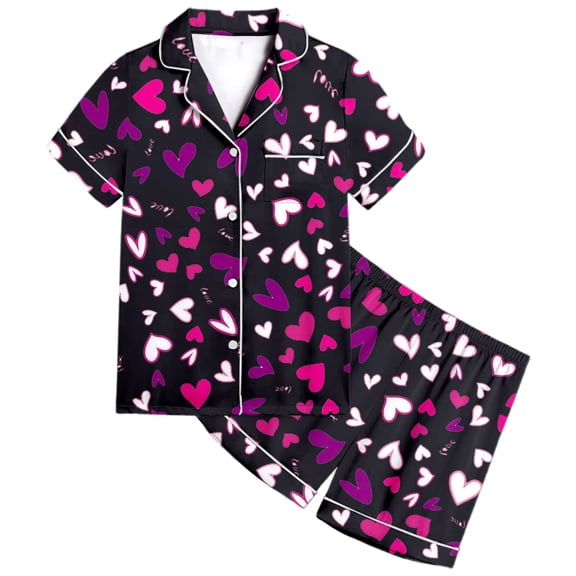 Elegyee Pajamas for Girls Hearts Print Button Down Shirt Shorts Pj's, Black, Size 2-3