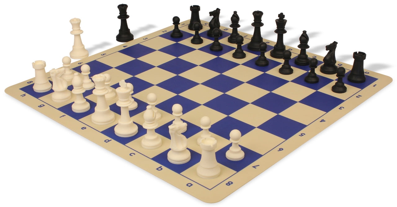 Club Special Silicone Chess Set Black & Ivory Pieces with Blue & Buff Silicone Board - 3.5" King