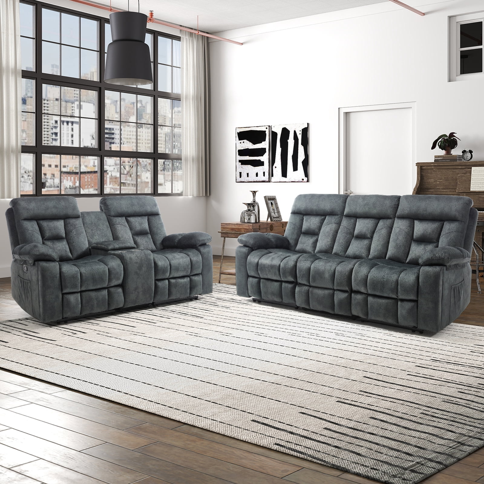 Bonzy Home 2-Piece Recliner Sofa Set — Reclining Loveseat & Extra-Wide 3-Seat Bonded Fabric Sofa, Grayish Green