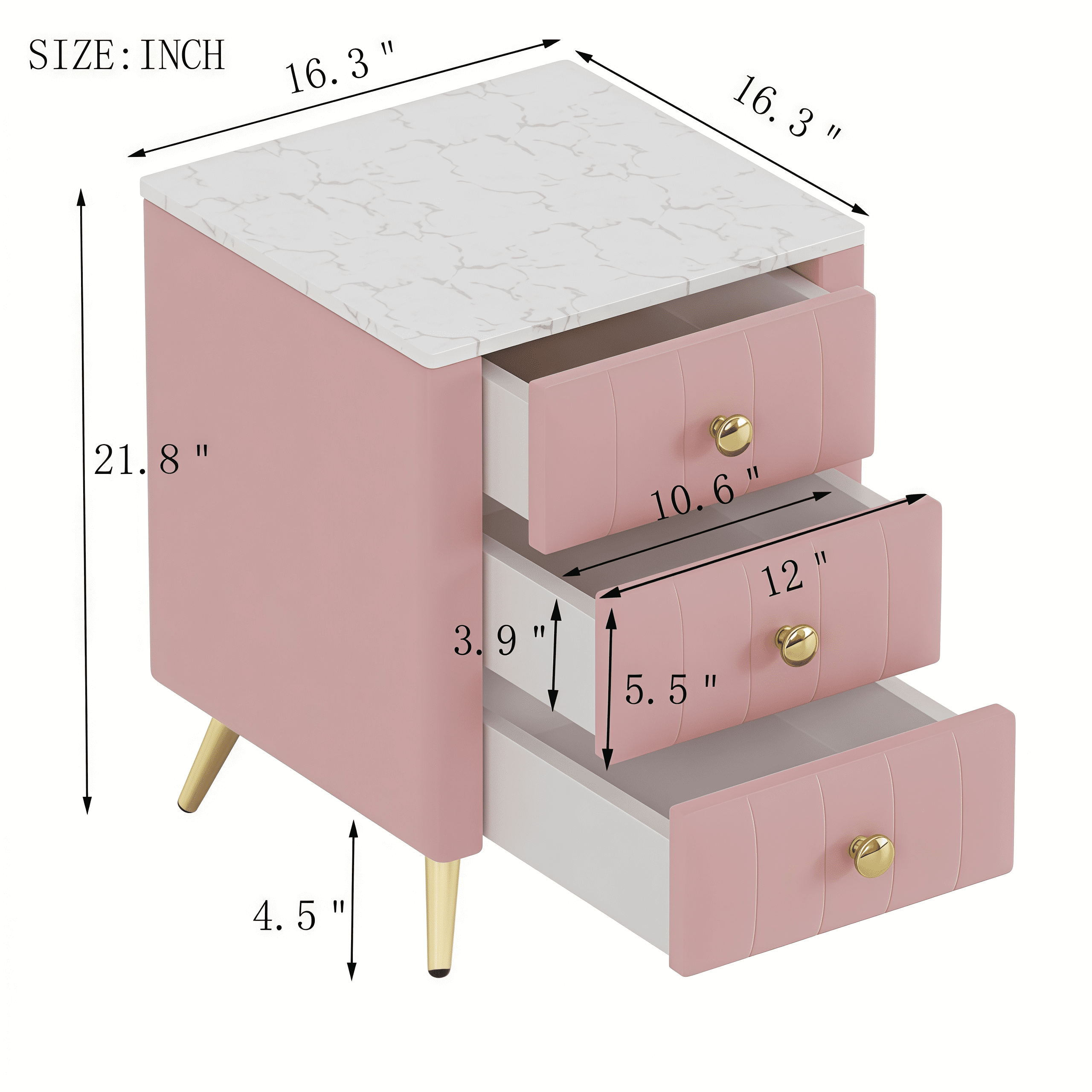 Euroco Upholstered Wooden Nightstand with 3 Drawers and Metal Legs&Handles,Modern Bedside Table with Marbling Stickers Worktop for Bedroom,Pink