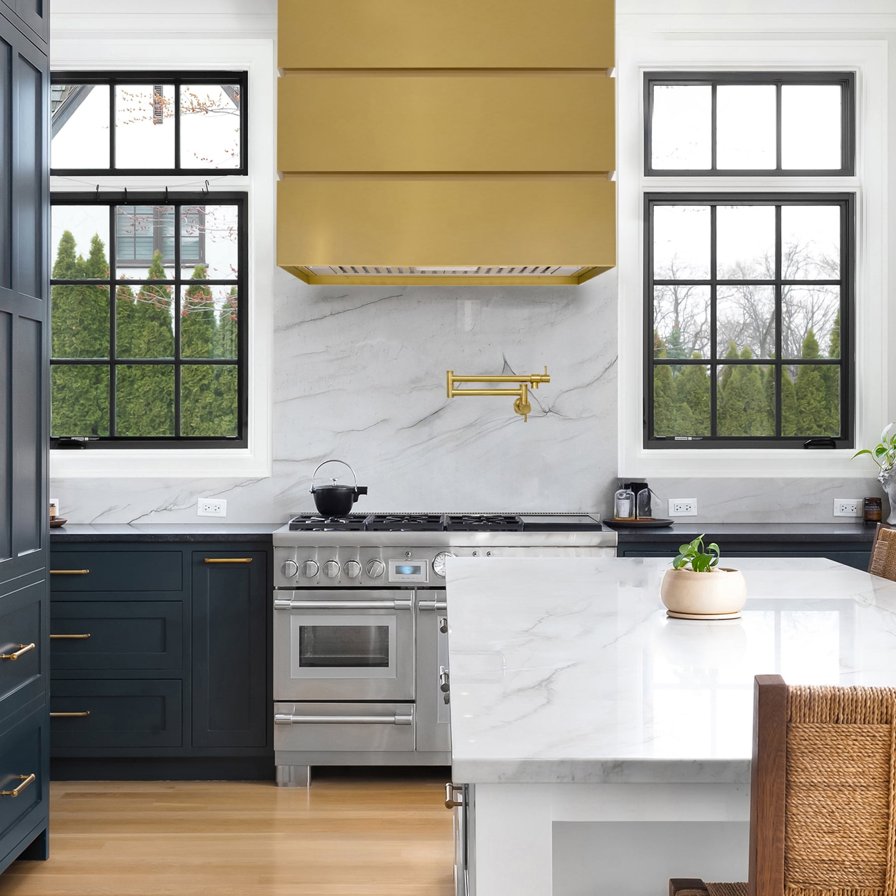 Akicon 36" Stainless Steel Range Hood, Modern Box Ducted Kitchen Hood with Powerful Vent Motor, Wall Mount, 36"W * 30"H*14"D, Brushed Gold
