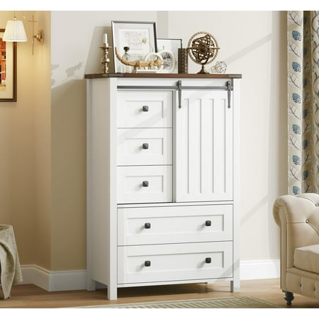 Farmhouse Entryway Storage Cabinet 5 Drawer Dresser with Sliding Barn Door Adjustable Shelf Tall Wooden Chest for Bedroom Living Room Hallway