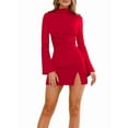 thumbnail image 2 of Vestido de Mujer con Mangas Largas Cruzadas, Volantes, Dobladillo Ajustado, Abertura, Cuello Medio Alto, Falda Corta, Cintura Ajustada. Rojo XL, 2 of 9