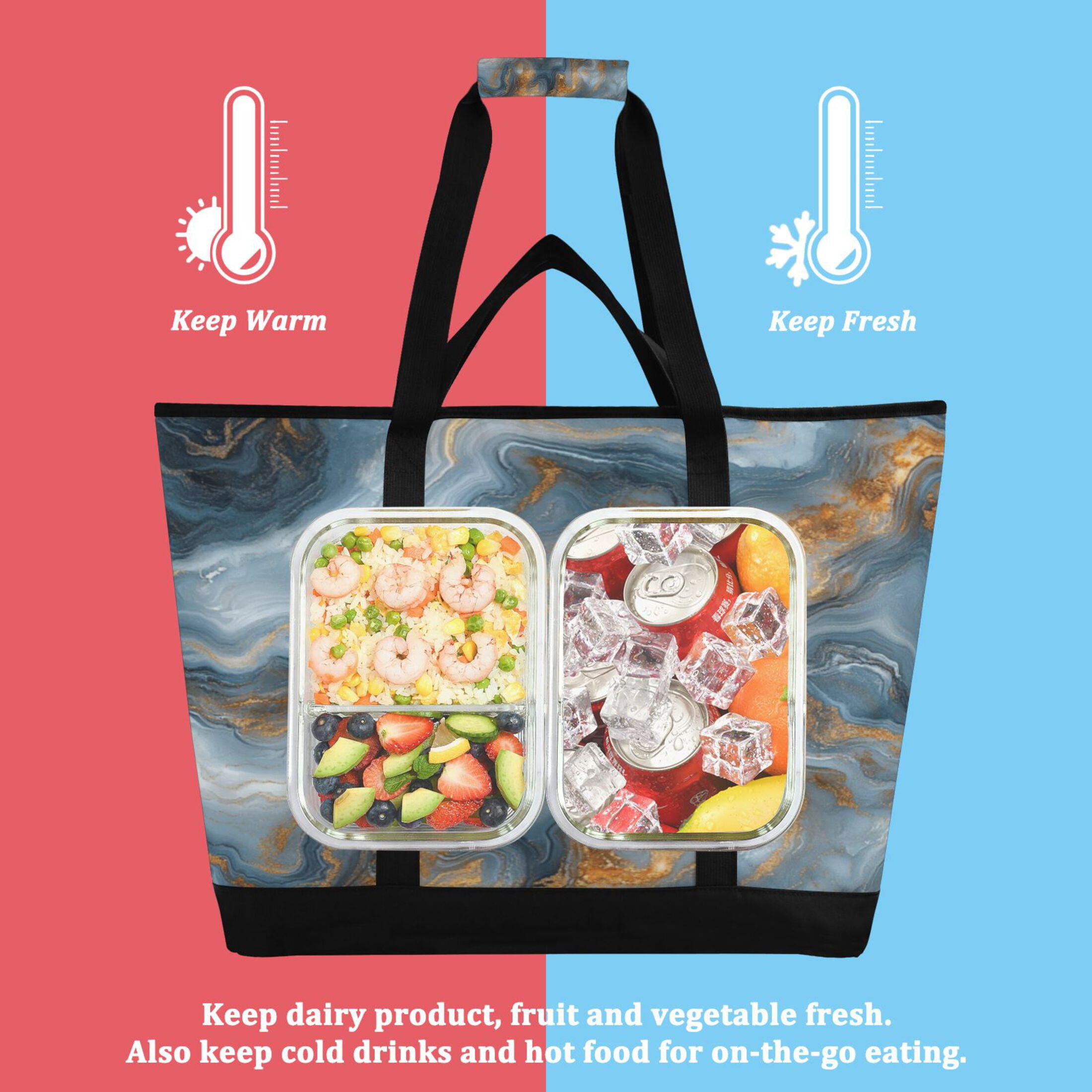 Large Hand-held Ice Pack Picnic Bag Insulation and Refrigeration Suitable for Shopping Picnics and Camping Blue Marble Stripe Pattern