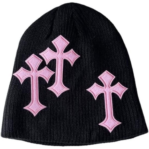 Y2K Dark Cross Wool Hat Cross Pattern Fashion Loose Pile Hat Slim Knit Hat Cold Hat Autumn and Winter(Black,One Size)