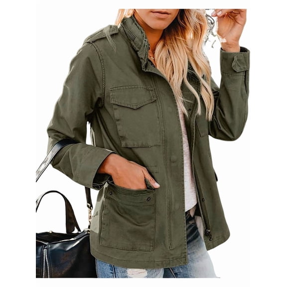 Women Anorak Jackets Zip Up Snap Buttons Parka Utility Coats Outwear with Pocket Army Green XXL