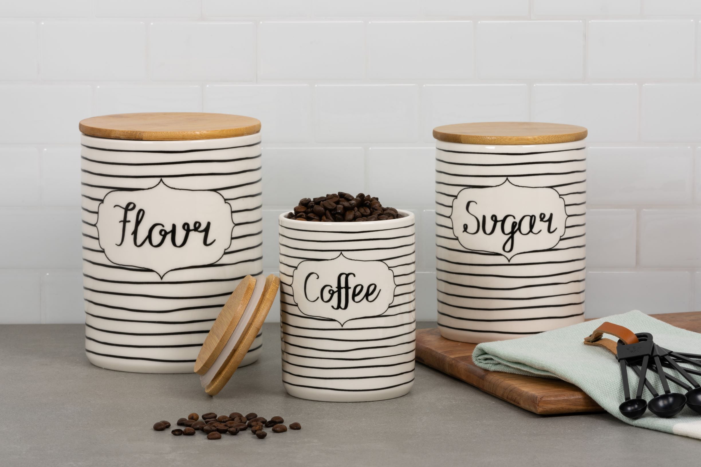 10 Strawberry Street Everyday 3 Piece Ceramic Canister Set, White/Black