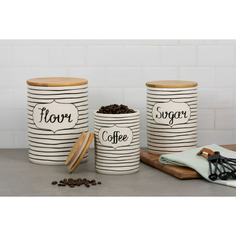 AuldHome Farmhouse White Enamelware Canisters (Set of 3); Storage Containers for Coffee, Tea and Sugar in White Enamel and Wood
